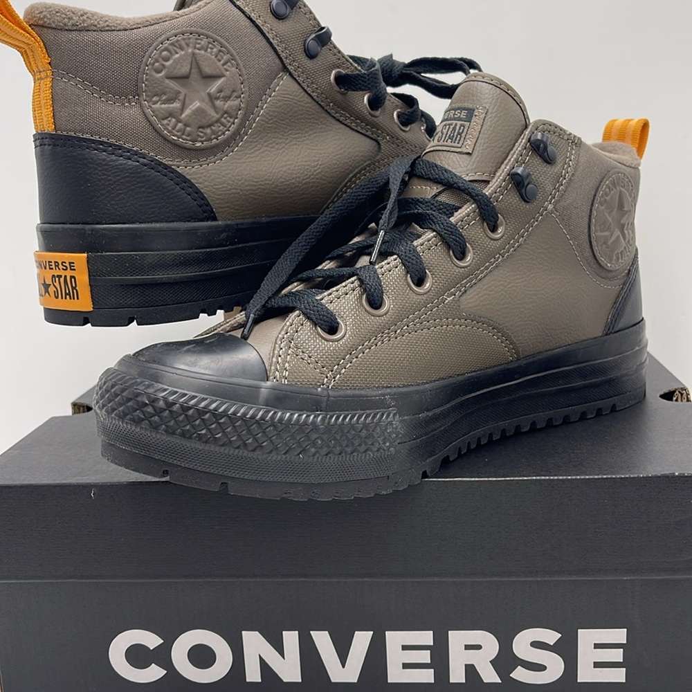 Converse Men’s High-Top Boots in Olive Green and Black with Orange Pull-Tab